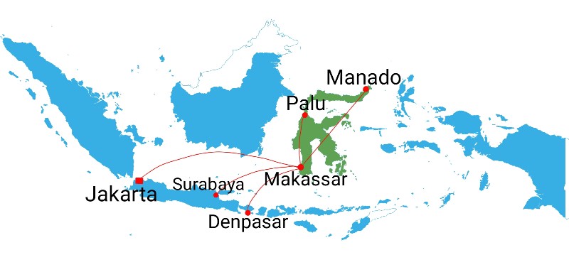 Flight Route to cities in Sulawesi island of Indonesia