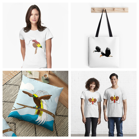 t-shirts, pillow, and tote bags with digital drawings of birds.