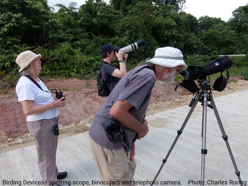 birdwatchers usually bring binoculars, laser pointer, spotting scope and digital camera